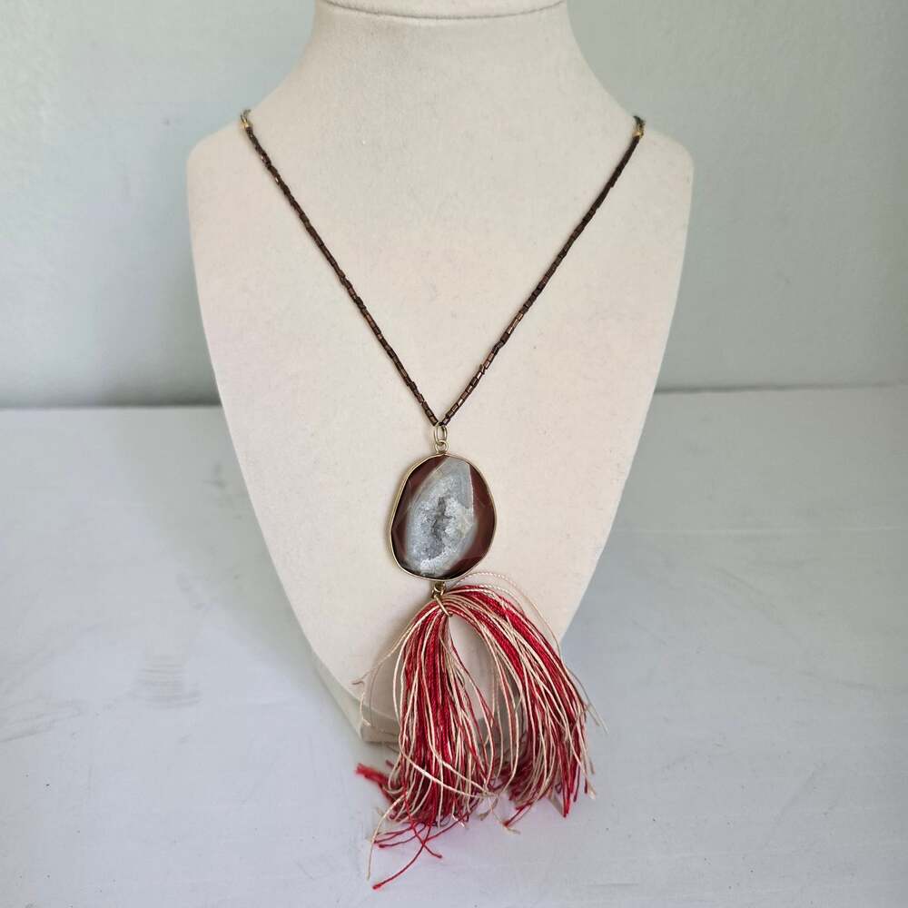 Banana Republic Geode Tassel Pendant Necklace Beaded Artsy Nature Natural Earthy